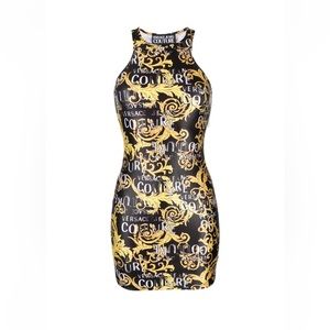 NWT VERSACE Jeans Couture WOMEN Baroque Logo Print Mini Dress Black Gold